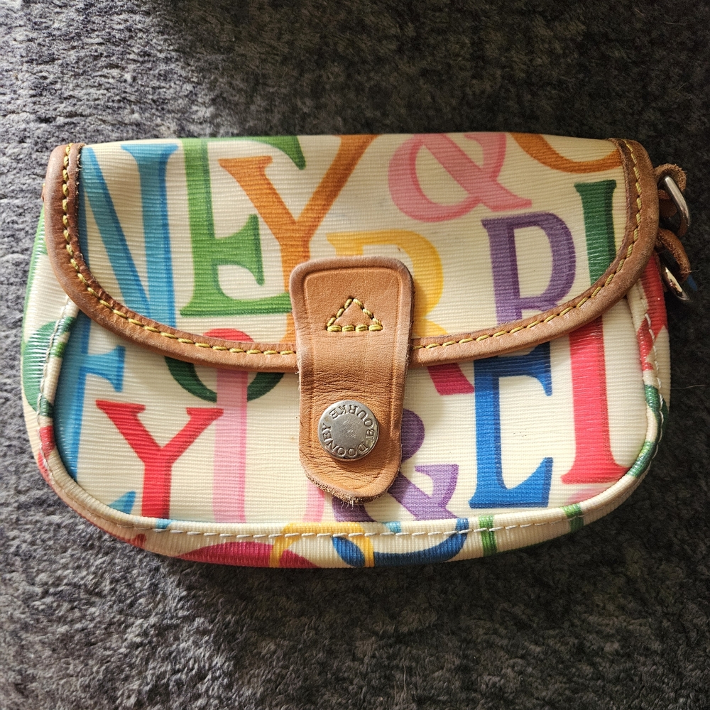 Dooney & Bourke Multicolor Logo Wristlet with Tan Leather Trim